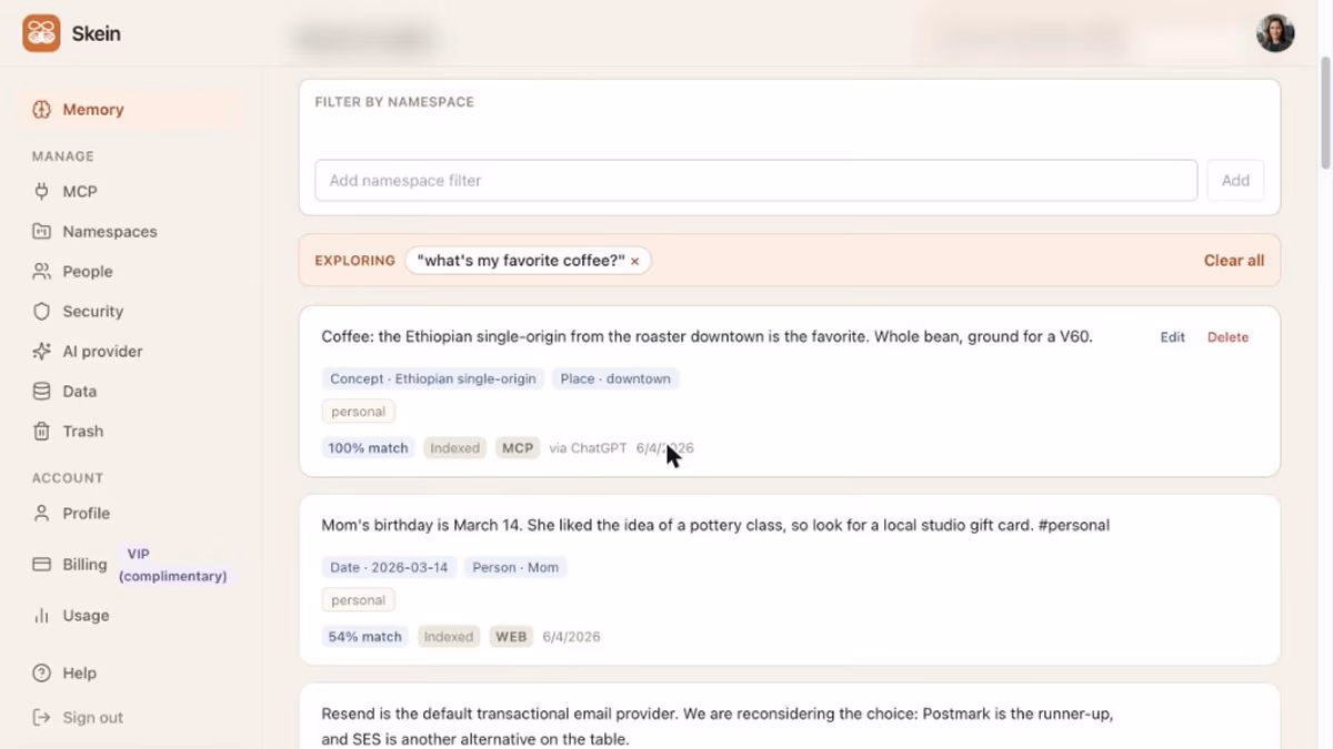 Skein search answering "what's my favorite coffee?" with a via ChatGPT provenance badge