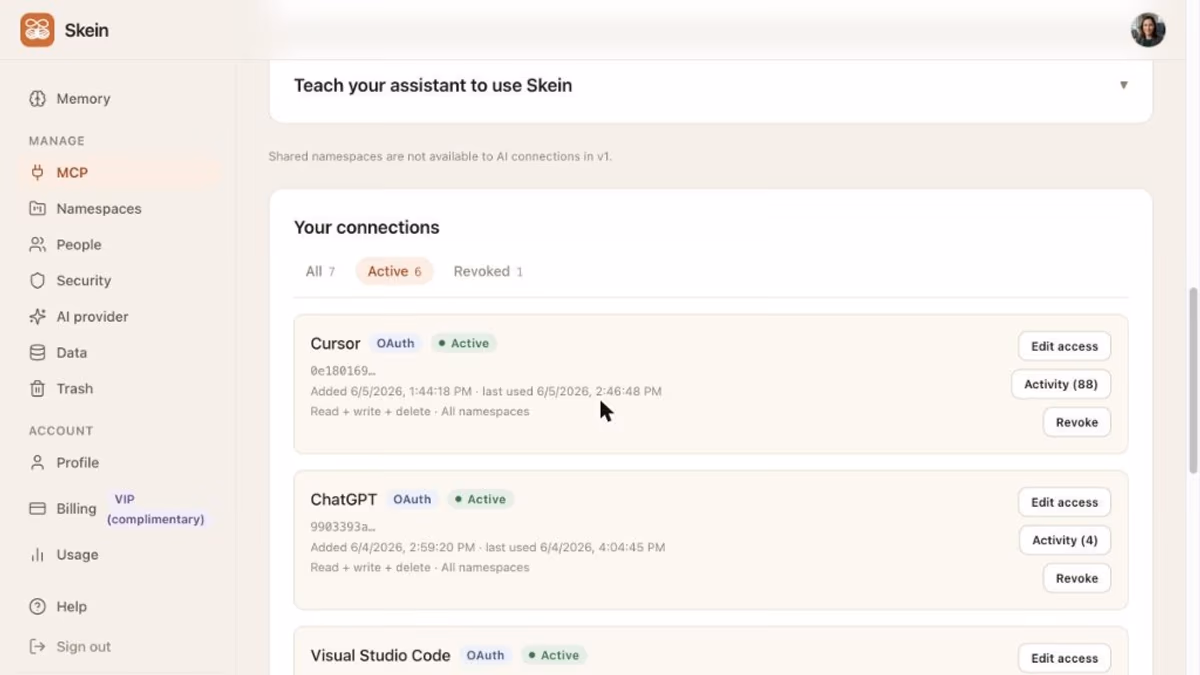 Skein MCP connections list showing scope, namespace access, activity counts, and revoke controls