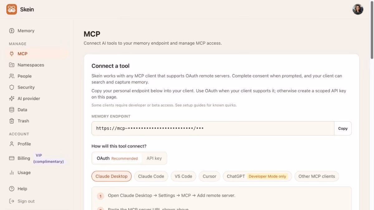 Skein MCP page with a personal memory endpoint and client setup for Claude, Cursor, and ChatGPT