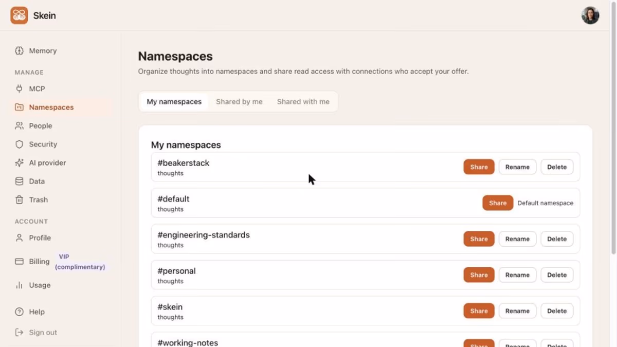 Skein namespaces page with work and personal spaces and shared-namespace tabs